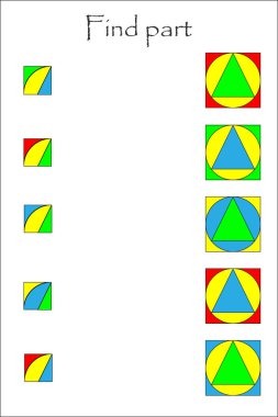 Çocuklar için farklı renkli geometrik şekiller parçası bulmak, eğlenceli bir eğitim oyun çocuklar, okul öncesi çalışma sayfası etkinlik, mantıksal düşünme, vektör çizim geliştirilmesi için görev için