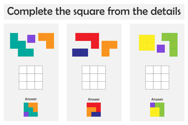 Puzzle game with colorful details for children, complete the square, easy level, education game for kids, preschool worksheet activity, task for the development of logical thinking, vector illustration
