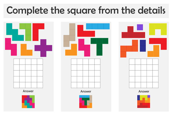 Пузатая игра с красочными деталями для детей, заполнение квадрата, уровень 3, развивающая игра для детей, дошкольная работа с тетрадями, задание на развитие логического мышления, векторная иллюстрация
