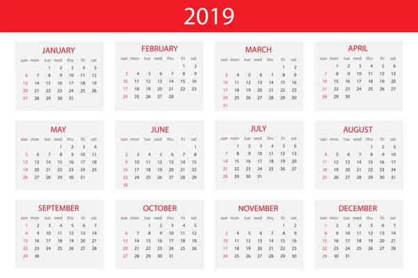 Calendario 2019 Año Plantilla Diseño Simple Semana Comienza Domingo — Vector de stock