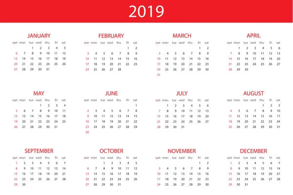 Calendario 2019 Año Plantilla Diseño Simple Semana Comienza Domingo — Vector de stock