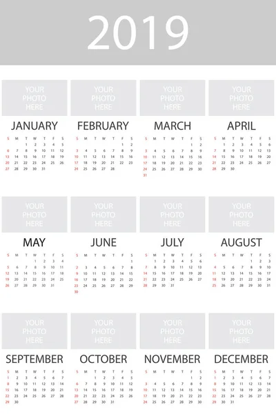 Calendario 2019 Año Plantilla Diseño Simple Formato Vertical Semana Comienza — Vector de stock
