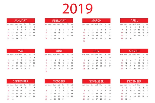 Calendario 2019 Año Plantilla Diseño Simple Semana Comienza Domingo — Vector de stock