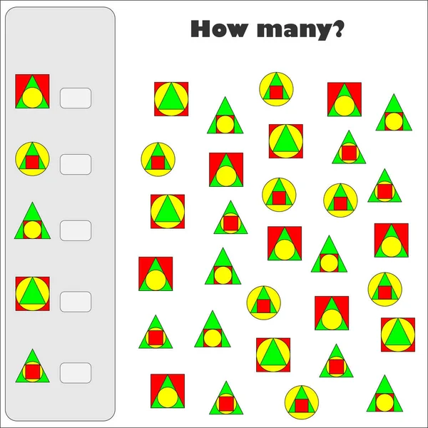 Hoeveel Tellen Spel Met Geometrische Vormen Voor Kinderen Educatieve Wiskunde — Stockvector