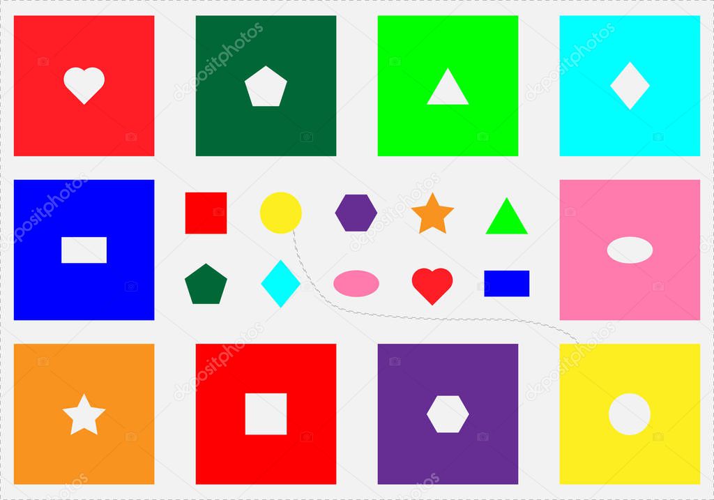 Seguin Form Board test, find objects, different colorful geometric shapes, fun education game for kids, visual task for the development of logical thinking, preschool activity for children, vector 