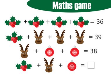 Matematik oyunu resimleri - çocuk, orta düzeyde, eğitim oyun çocuklar, okul öncesi çalışma sayfası etkinlik, mantıksal düşünme, geliştirilmesi için görev için Noel tema ile vektör