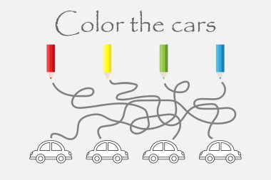 Vektör Labyrinth oyunu, labirent ve boyama araçları, çocuklar için okul öncesi çalışma sayfası etkinlik, görev mantıksal düşünme, geliştirilmesi için