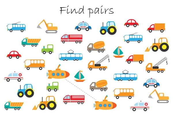 Znajdź Pary Identycznych Obrazków Zabawy Edukacyjne Gra Różnych Transportu Dla — Wektor stockowy
