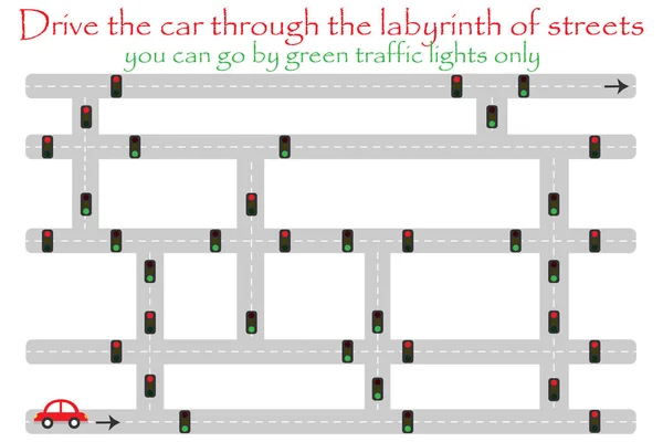 Prowadzenia Samochodu Przez Labirynt Ulic Przejdź Przez Zielone Światła Sygnalizacji — Wektor stockowy