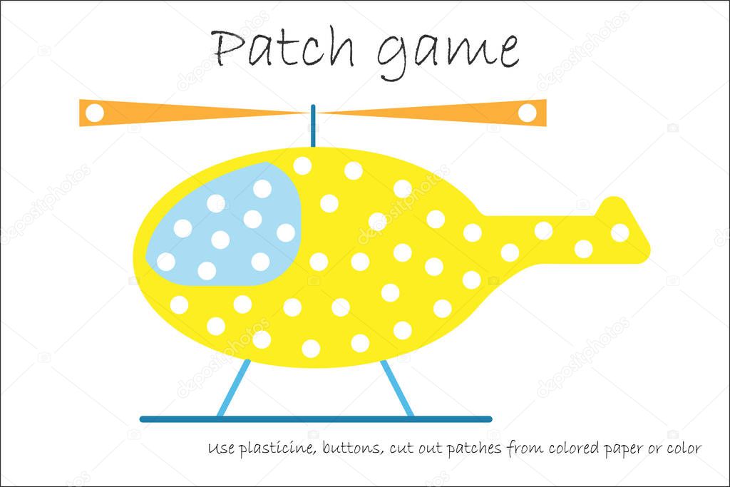 Education Patch game helicopter for children to develop motor skills, use plasticine patches, buttons, colored paper or color the page, kids preschool activity, printable worksheet, vector