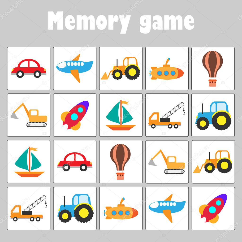 Memory game with pictures - different transport for children, fun education game for kids, preschool activity, task for the development of logical thinking, vector