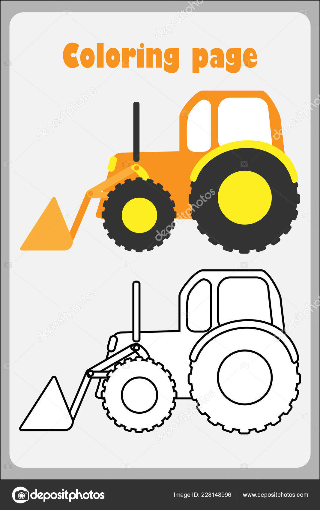 Bulldozer in cartoon style, coloring page, education paper game for the  development of children, kids preschool activity, printable worksheet,  vector