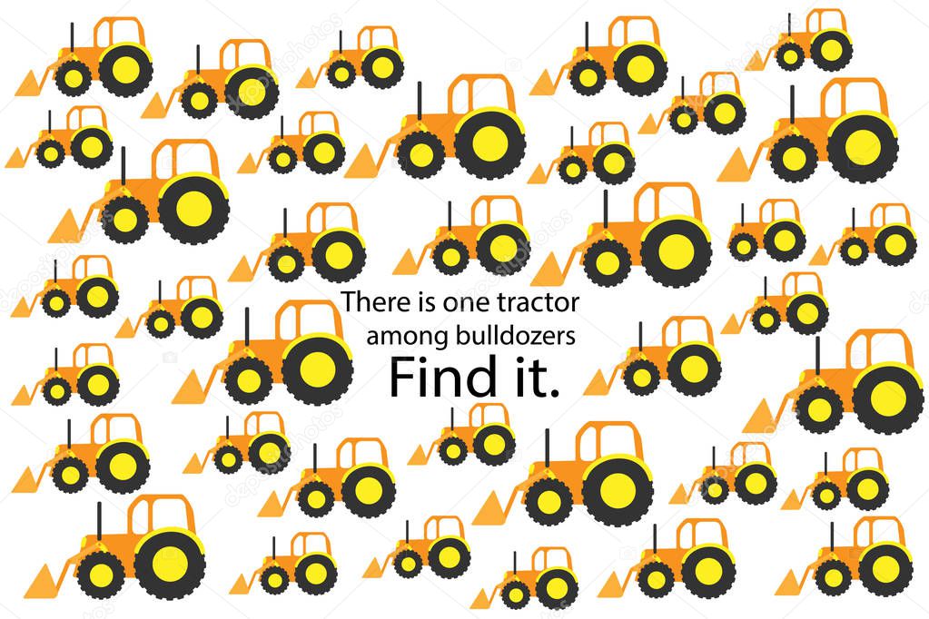 Find tractor among bulldozers, fun education puzzle game with transport for children, preschool worksheet activity for kids, task for the development of logical thinking and mind, vector