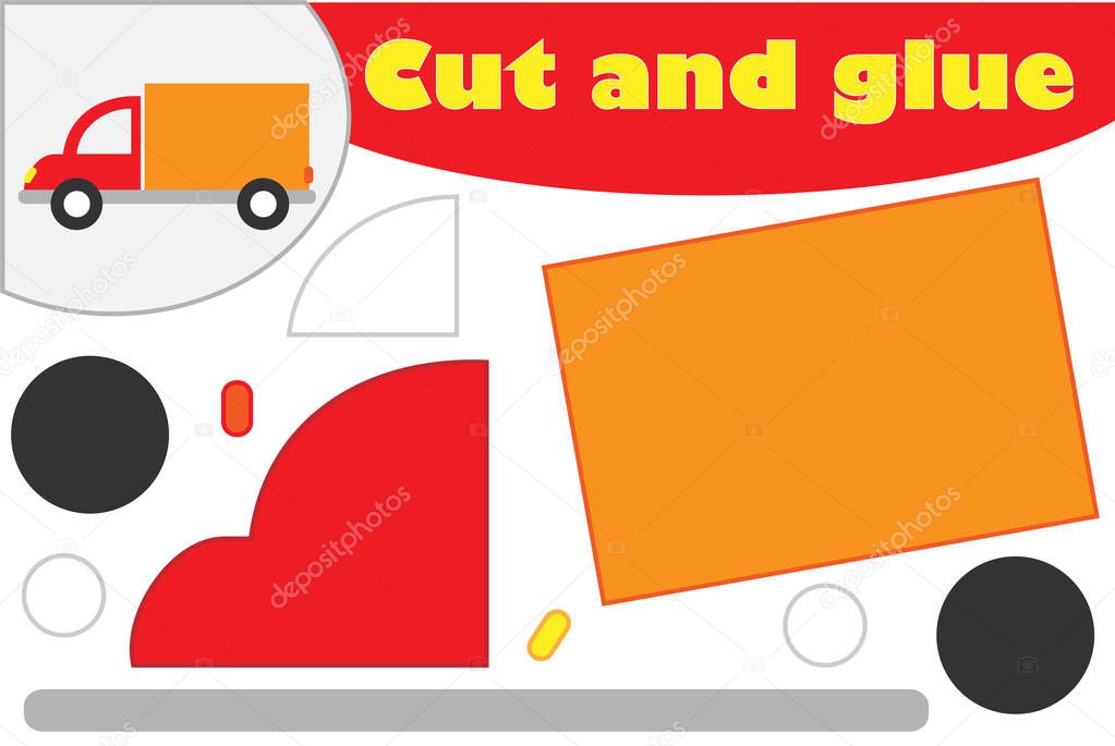 Truck in cartoon style, education game for the development of preschool children, use scissors and glue to create the applique, cut parts of the image and glue on the paper, vector