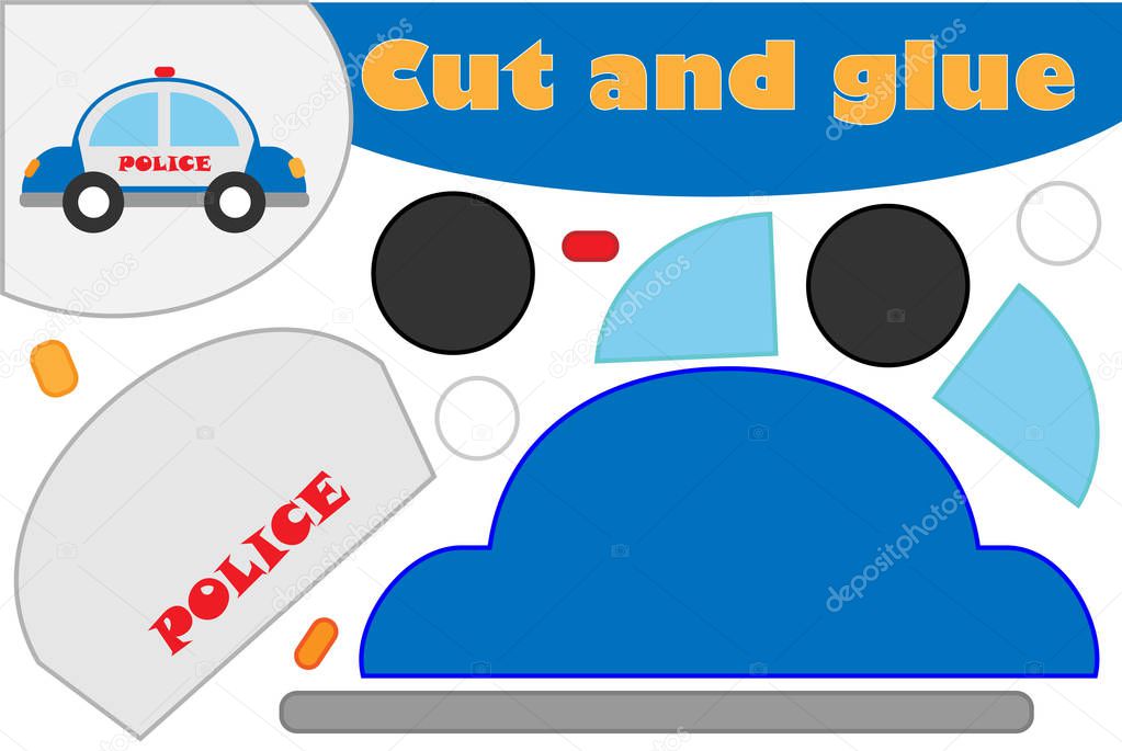 Police car in cartoon style, education game for the development of preschool children, use scissors and glue to create the applique, cut parts of the image and glue on the paper, vector