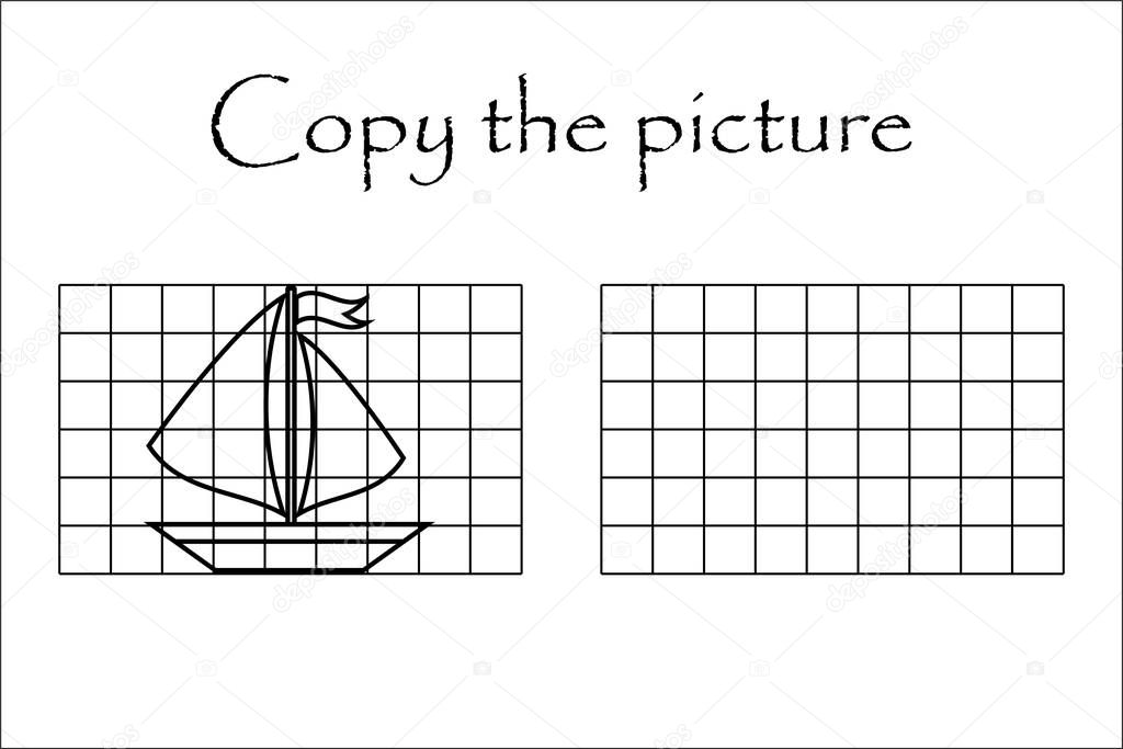Copy the picture, black white ship, drawing skills training, educational paper game for the development of children, kids preschool activity, printable worksheet, vector