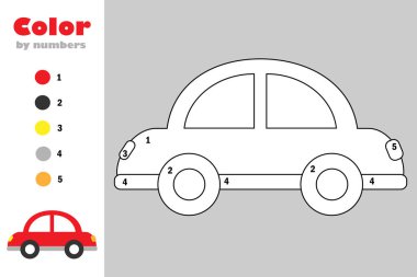 Karikatür tarzı, renk numarasına, eğitim kağıt sayfası, boyama çocuk gelişimi için oyun arabaya çocuklar okul öncesi etkinlik, yazdırılabilir çalışma, vektör