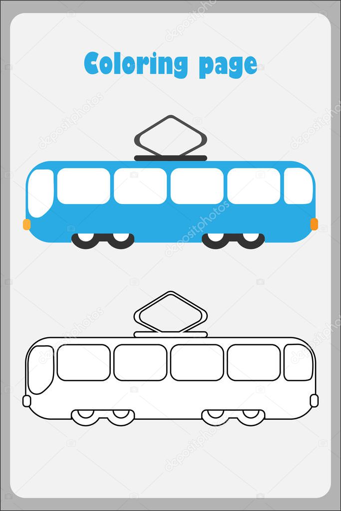 Tram in cartoon style, coloring page, education paper game for the development of children, kids preschool activity, printable worksheet, vector