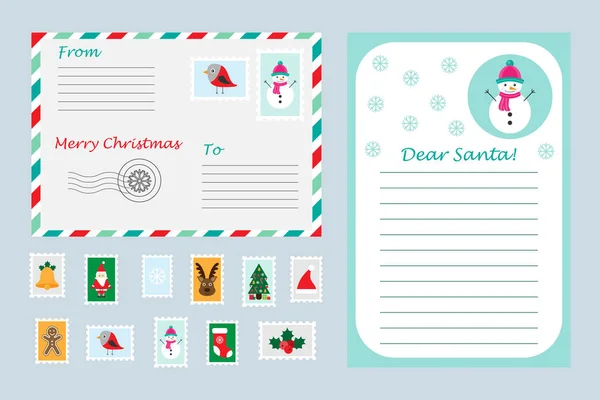 Conjunto Cartas Navideñas Santa Claus Sobres Sellos Postales Para Niños — Vector de stock