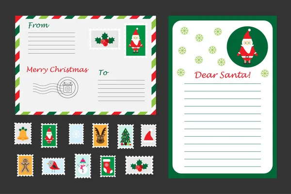 Conjunto Cartas Navideñas Santa Claus Sobres Sellos Postales Para Niños — Vector de stock