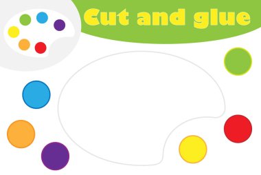 Palette karikatür tarzı, eğitim geliştirme için oyun okul öncesi çocuklar, kullanım makas ve yapıştırıcı aplike oluşturmak için görüntü ve tutkal vektör çizim kağıt üzerinde bölümlerini kesip