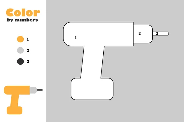 Tournevis en style dessin animé, couleur par numéro, jeu de papier éducatif pour le développement des enfants, coloriage, activité préscolaire pour enfants, feuille de calcul imprimable, illustration vectorielle — Image vectorielle