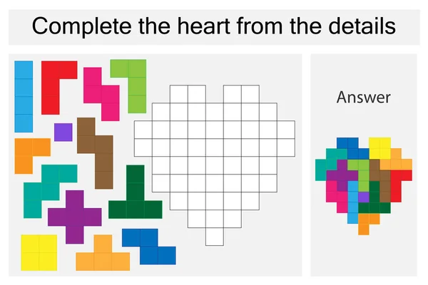 Puzzel spel met kleurrijke details voor kinderen, het hart, hard niveau, onderwijs voor kinderen, preschool werkblad activiteit, taak voor de ontwikkeling van het logisch denken, vectorillustratie spel voltooien — Stockvector