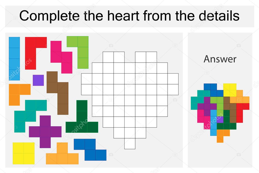 Puzzle game with colorful details for children, complete the heart, hard level, education game for kids, preschool worksheet activity, task for the development of logical thinking, vector illustration