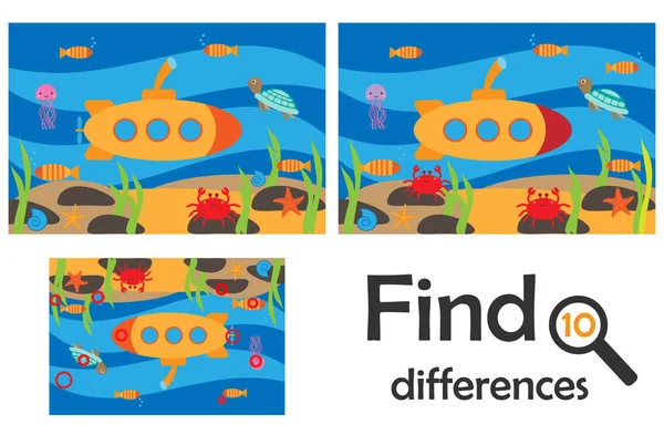 Najít Rozdílů Hry Pro Děti Mořský Svět Pod Vodou Kreslený — Stockový vektor