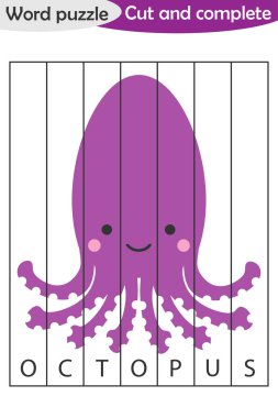 Kelime bulmaca, çizgi film tarzı ahtapot, okul öncesi çocukların gelişimi için eğitim oyun, makas kullanın, görüntü bölümlerini kesip ve resmi tamamlamak, vektör