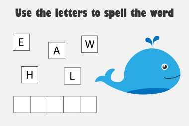 Harfleri kullanmak kelime büyü, karikatür tarzı, eğitim yazım kapış çocuklar, çocuklar okul öncesi etkinlik, yazdırılabilir çalışma, vektör gelişimi için oyun içinde balina için