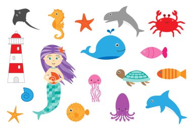 Okyanus hayvanlar çocuklar için öğrenme, eğitim oyun çocuklar geliştirme, okul öncesi çalışma sayfası etkinlik, basit düz tasarımı için eğlenceli, çizgi film deniz hayvanları beyaz arka plan üzerinde ayarla, vektör