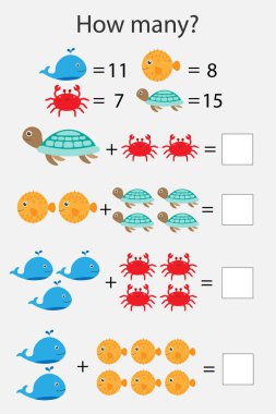 Okyanus ile kaç sayım oyun hayvanlar çocuklar, Eğitim Matematik görev için mantıksal düşünme, okul öncesi çalışma sayfası etkinlik, sayısı ve yazma sonucu, geliştirilmesi için vektör