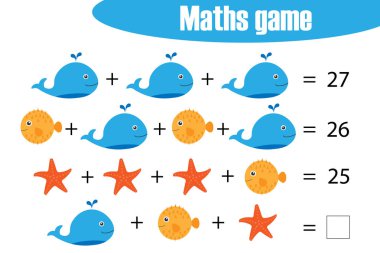 Matematik oyunu okyanus hayvanlar çocuklar, orta düzeyde, eğitim oyun çocuklar, okul öncesi çalışma sayfası etkinlik, mantıksal düşünme, geliştirilmesi için görev için resimleri ile vektör