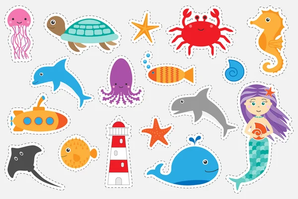 不同五颜六色的图片的海洋动物为孩子 有趣的教育游戏为孩子 学前活动 一套贴纸 — 图库矢量图片
