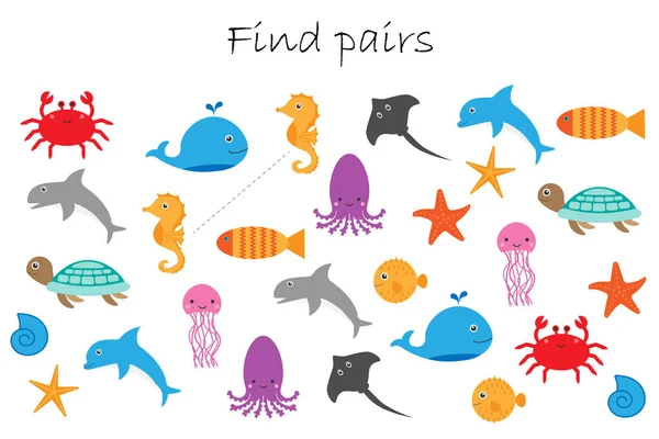 寻找对相同的图片 有趣的教育游戏与不同的海洋动物为孩子 学前工作表活动为孩子 任务为逻辑思维的发展 — 图库矢量图片