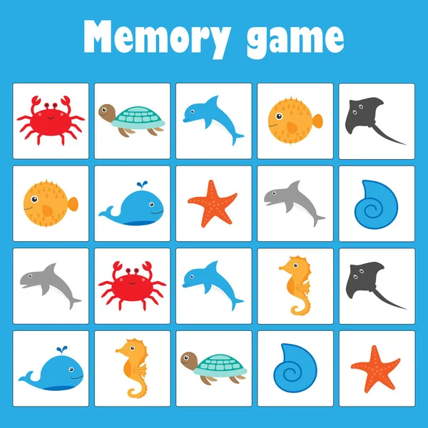 Juego Memoria Con Imágenes Animales Del Océano Para Los Niños — Vector de stock