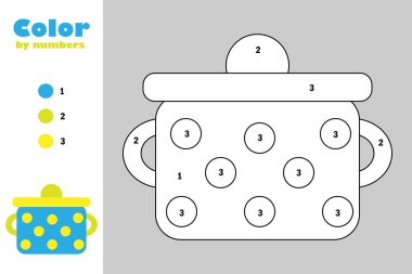 Karikatür tarzı, renk numarasına göre eğitim kağıt oyunu boyama sayfası, çocuklar okul öncesi etkinlik, yazdırılabilir çalışma, vektör çizim çocukların gelişimi için tencereye