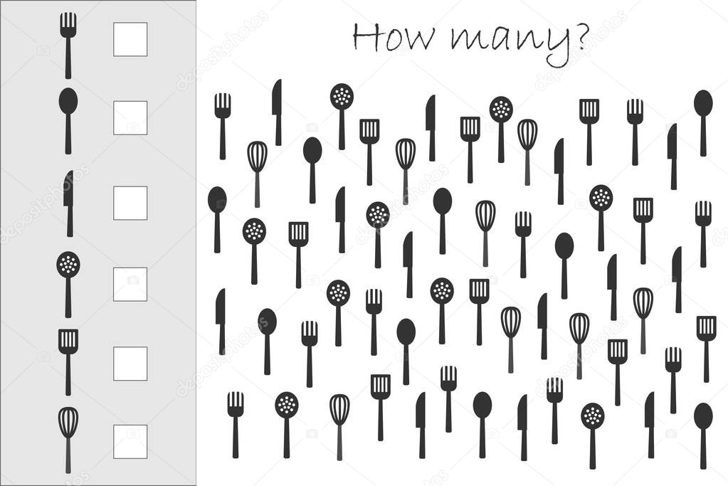 How many counting game with kitchen tools for kids, educational maths task for the development of logical thinking, preschool worksheet activity, count and write the result, vector illustration