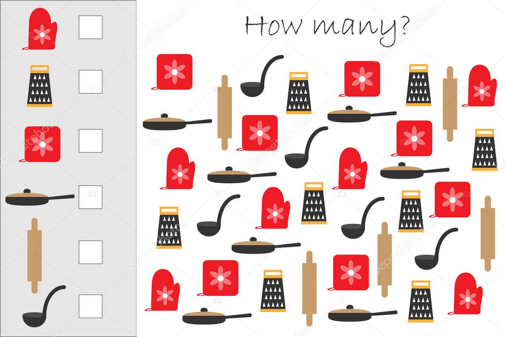 How many counting game with cooking pictures for kids, educational maths task for the development of logical thinking, preschool worksheet activity, count and write the result, vector illustration