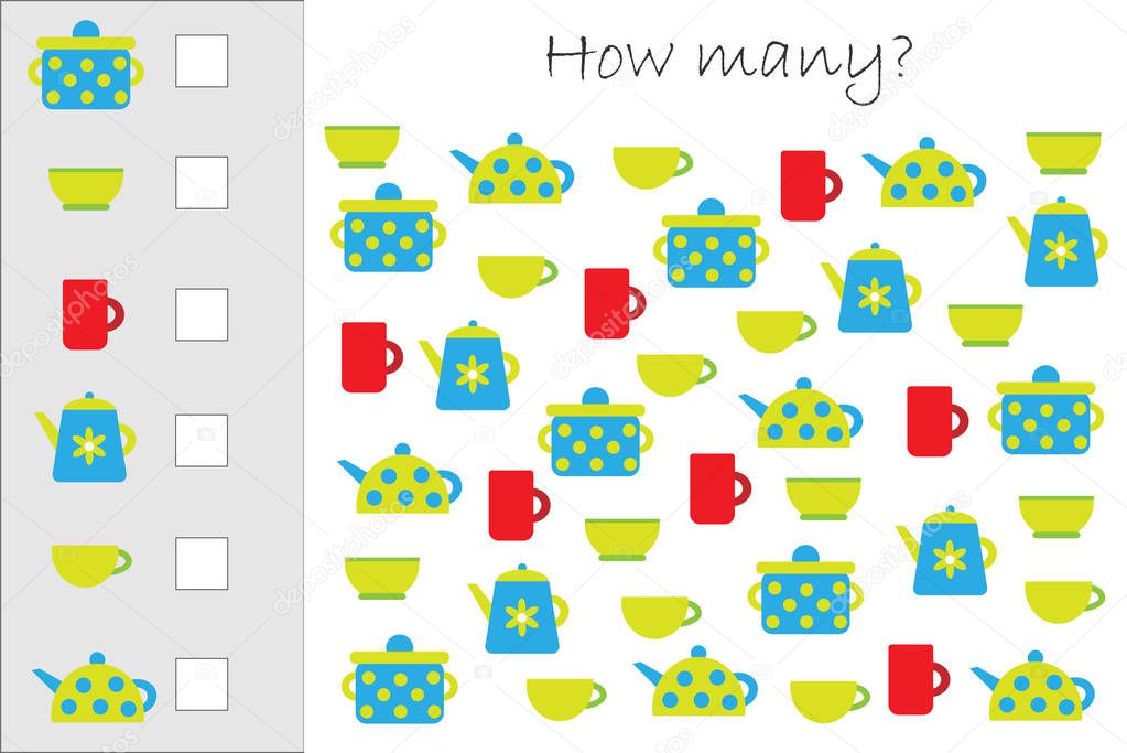 How many counting game with kitchen pictures for kids, educational maths task for the development of logical thinking, preschool worksheet activity, count and write the result, vector illustration