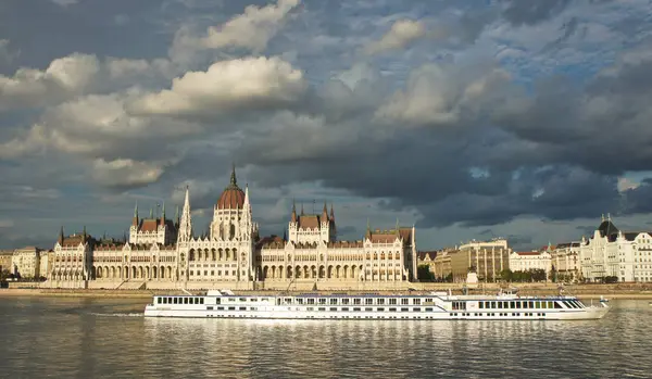 Panoramic view of the Hungarian Parliament building on the bank of the Danube in Budapest, beautiful architecture