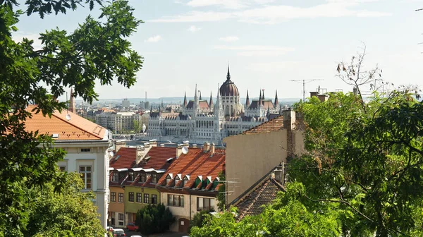 Widok Lotu Ptaka Dachy Węgierskiego Parlamentu Bank Mieście Budapeszt — Zdjęcie stockowe