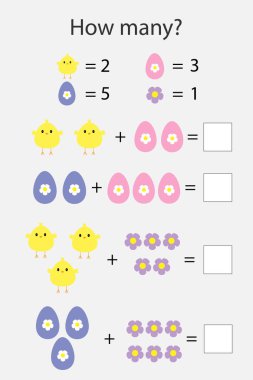 Çocuklar, mantıksal düşünme, okul öncesi çalışma sayfası etkinlik, geliştirilmesi için eğitim matematik görev saymak ve sonuç, yazmak için ne kadar sayım oyun Paskalya resimlerle vektör