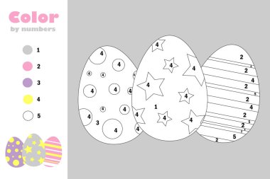 Yumurta karikatür tarzı, numara, Paskalya eğitim kağıt çocukların, gelişimi için oyun renkleriyle boyama sayfası, çocuklar okul öncesi etkinlik, yazdırılabilir çalışma, vektör
