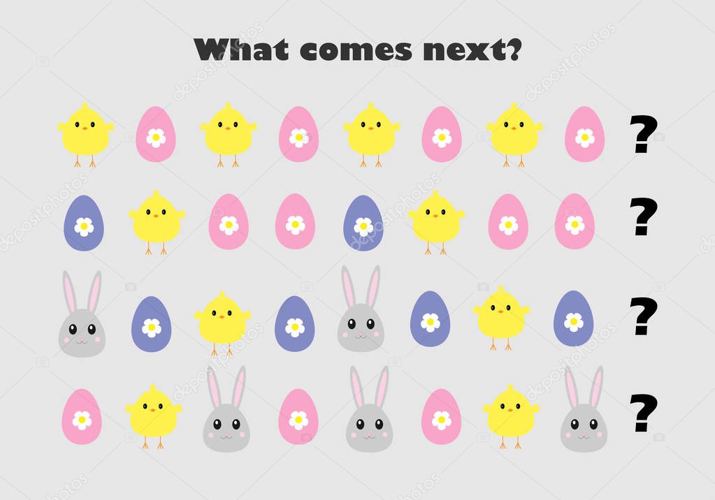 What comes next with easter pictures egg, bunny, chick for children, fun education game for kids, preschool worksheet activity, task for the development of logical thinking, vector