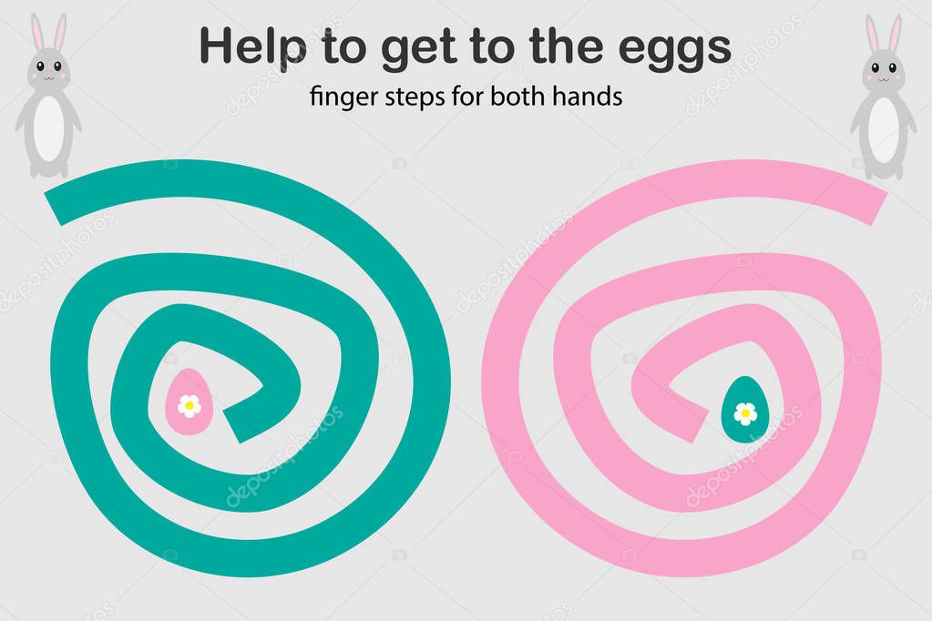 Finger steps for both hand, help the bunny to get to the eggs, simultaneous development of the right and left hemispheres of the brain, preschool worksheet activity for kids, task for children,