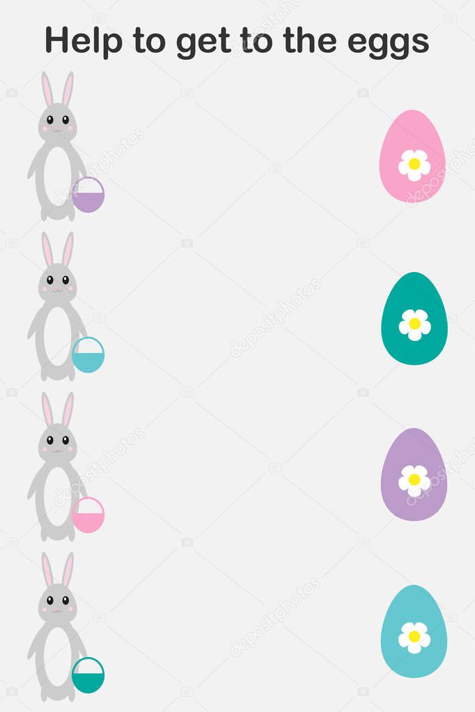 Bunny cartoon style, help to get to eggs, color of egg the same color of basket, education paper easter game for the development of preschool children, printable worksheet, vector