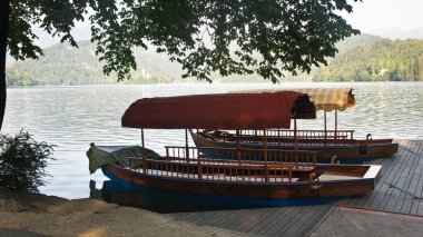 Güzel manzarasına Lake Bled, Julian Alps ve tekneler, güneşli bir gün, Bled, Slovenya