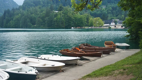 Hermosa vista sobre el lago Bled, Juliano Alpes y barcos, día soleado, Bled, Eslovenia — Foto de Stock